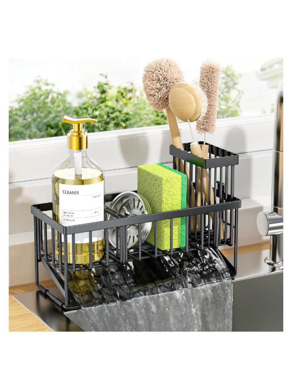 Stainless Steel Sink Caddy Sponge Holder Brush Holder Self Drain Tray Kitchen